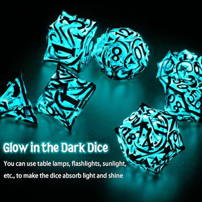 FONVGOGO Glow in The Dark Light up DND Dice Metal for Dungeons and Dragon 7 Polyhedral Dice Set Hollow Metal Vine D and D RPG Dice for Role Playing Game (Vine Glow Blue) - color: Vine Glow Blue