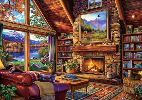 Cabin Living Room 500 Piece Jigsaw Puzzles for Adults Autumn Mountain Lake View Puzzle with Letters on Back Perfect for Game Night Scenic Landscape Puzzle Home Decor & Relaxing Gift- 23x15 Inch - color: Cabin Living Room