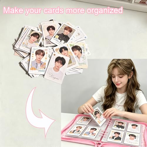 A5 Kpop Photocard Binder Holder with 50 Sheets Double Sided Sleeves for Polaroid Instax Mini Photo Album Zip Book Game Trading Sports Baseball Card Binder 6 Ring 4 Pocket Collector (Pink) - color: Pink