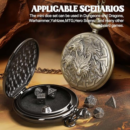 D&D Dice Set,7PCS Metal Dice for Dungeons and Dragons,Mini Dice Set with Pocket Watch Case,Role Playing Board Games Accessories (Dragon, Black) - color: Black, style: Dragon