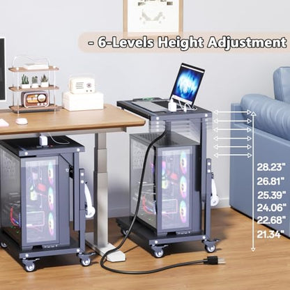 Computer Tower Stand with Power Outlet, 6 Level Height Ajustable PC Tower Stand for Floor, Mobile Rolling CPU Holder Cart for Gaming, Office, Home, 21.34"-28.3", Black - size: 1 power outlet