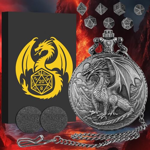 Mini DND Dice Set with Steampunk Dragon Pocket Watch Case, Tiny 7-Piece Polyhedral Metal D&D Dice, DND Gifts with Gift Box for DND Lovers, Role Playing Game Board Game Accessories Dice, Dark Silver - color: Dark Silver