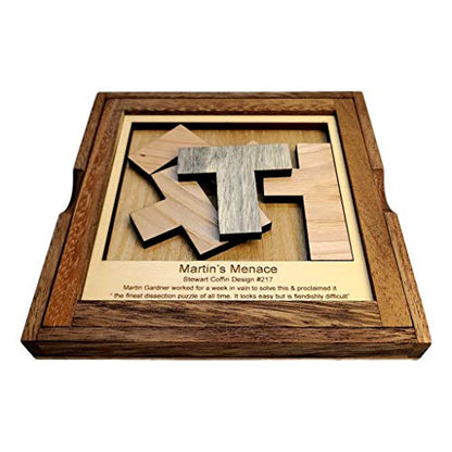 Creative Crafthouse Martin's Menace Large Stewart Coffin Wood Puzzle | Design number 217. Four packing pieces in a 6 inch square that look easy and are not. A tough desk gift, made in USA - style: Martin’s Menace - L