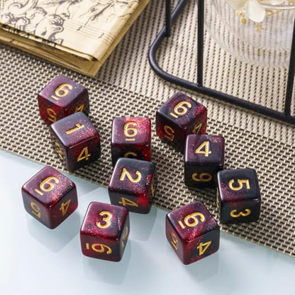 10 Pieces Polyhedral Dice Set D6 Dice 16mm Acrylic 6 Sided Dice Game Dice for Dungeons and Dragons RPG MTG DND Dice Table Games (Starry Red Black) - color: Starry Red Black
