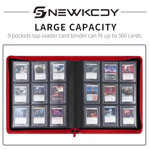 Snekdy Top loader Binder, 9 Pockets Top Loader，Holds 360 Top Loaders cards, Card binder with Sleeves for card in 3 x 4 inches color smooth Zipper PU Leather (Red) - color: Red