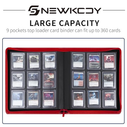 Snekdy Top loader Binder, 9 Pockets Top Loader，Holds 360 Top Loaders cards, Card binder with Sleeves for card in 3 x 4 inches color smooth Zipper PU Leather (Red) - color: Red