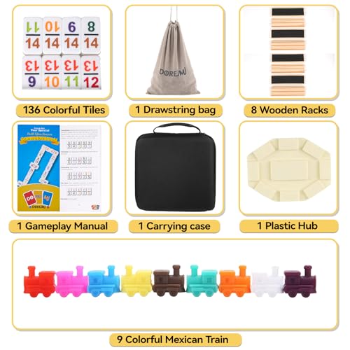 Doreimi Mexican Train 도미노 더블 15, 136 숫자 타일, 8개의 나무 랙 | 컬러 숫자 타일, 휴대용 휴대용 케이스, 드로스트링 가방, 전략 보드 게임, 가족 및 성인에게 적합 - style: 더블 15 넘버+8 랙