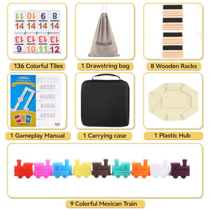 Doreimi Mexican Train 도미노 더블 15, 136 숫자 타일, 8개의 나무 랙 | 컬러 숫자 타일, 휴대용 휴대용 케이스, 드로스트링 가방, 전략 보드 게임, 가족 및 성인에게 적합 - style: 더블 15 넘버+8 랙