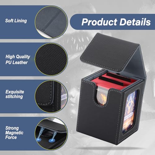 MTG Deck Box, Double Display Window MTG, Commander Deck Box Fits 120+ Single Sleeved Cards, PU Leather Magnetic Closure Card Box with 2 Dividers&2 Toploaders for TCG, CCG, Black/Grey - color: Black/Gray, size: 1 pack
