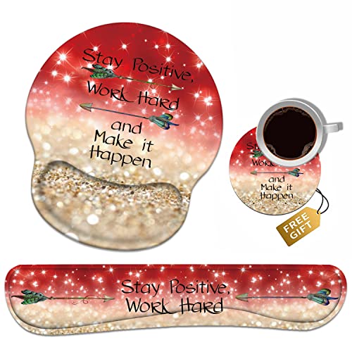 Keyboard Wrist Rest + Mouse Pad Wrist Support Set with Coasters, Stay Positive Work Hard and Make It Happen Inspirational Quote Wrist Mouse Pad with Non-Slip PU Base for Home Office Working Studying - color: Stay Positive Work Hard and Make It Happen Insp