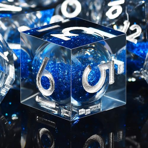 AUSTOR Liquid Core DND Dice Set, 7-Die Sharp Edge Polyhedral Dice Quicksand Handmade Resin Dices for Dungeons and Dragons RPG MTG Table Games, Black & Blue, Silver - color: Black & Blue，silver