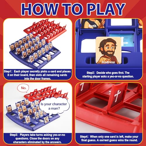 Guess Bible Game Who Am I Classic 24 Bible Holy Characters with Life Story & Verse Cards Christian Board Game Trivia Study Supplies for Church Sunday School Family Youth Group Catholic Gift