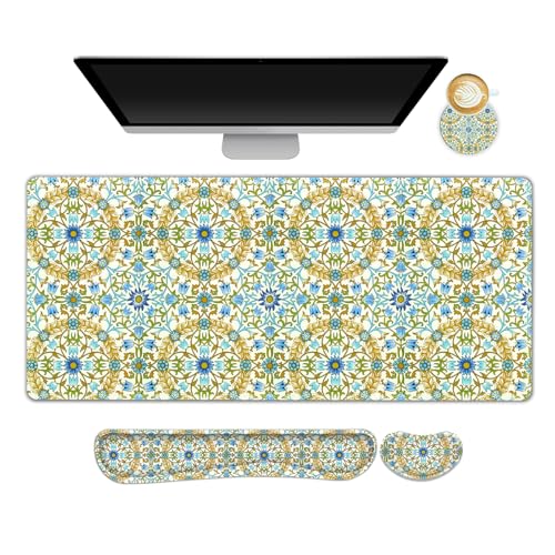 Large Gaming Mouse Pad with Wrist Rest Wrist Support, Ergonomic Keyboard Mat Wrist Rest Desk Pad, Home Office Desk Accessories Decor Supplies, Blue Green Bohe Flower Plant - color: Blue Green Bohe Flower Plant