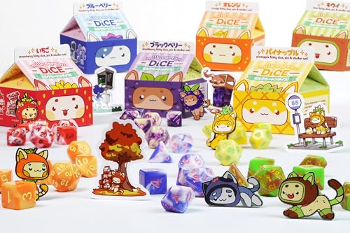 1985 Games BlackBerry Kawaii Cat Dice Set – Milk Carton-Inspired Dice for DND | TTRPGs & Tabletop Roleplaying - color: Blackberry