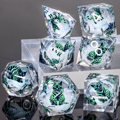 KERWELLSI Cat Liquid Core DND Dice Set with Gift Box, 7Pcs Resin Dungeons Sharp Edge D&D Dice, Dragons D and D Role Playing Dice D20 D12 D10 D8 D6 D4, White and Light Green Cat - color: White and Light Green Cat