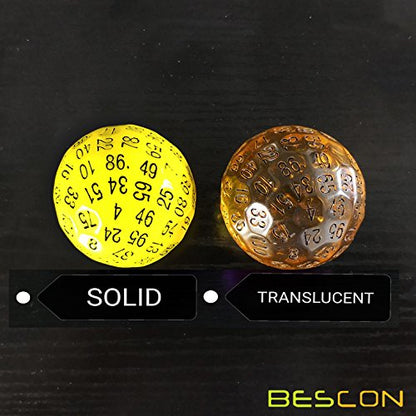 Bescon Translucent Polyhedral Dice 100 Sides Dice, Transparent D100 die, 100 Sided Cube, D100 Game Dice,100-Sided Cube of Amber - color: Amber D100