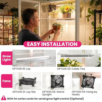 LUVCOSY 4 Pack T5 Grow Light Strips + 2 Pack USB Fans for Indoor Plants, Accessories Set for Indoor Greenhouse Cabinet for IKEA, Full Spectrum Sunlight Grow Lamp & Silent Portable Cooling Fan-ALL IN 1