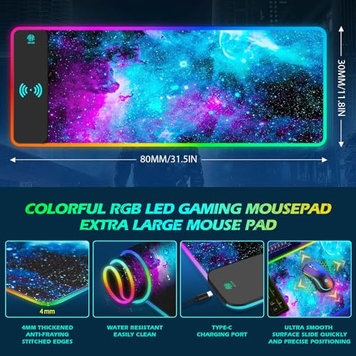 ToLuLu RGB Gaming Wireless Charging Mouse Pad, 5/7.5/10/15W 10 Light Modes | LED Mouse Pad Computer Keyboard Mat Mousepad, 800x300x4MM Extended Large Desk Mat for Gaming, MacBook, Laptop, PC, Galaxy - color: Galaxy Nebula