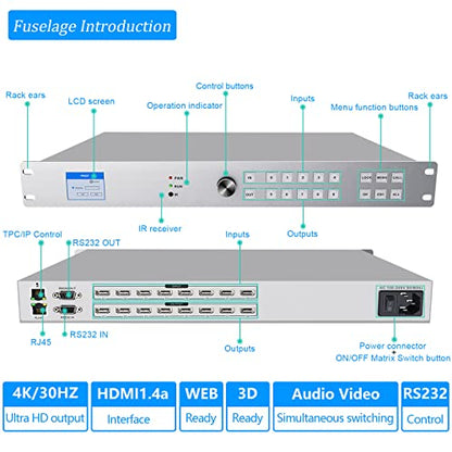 ICUIXIAN 4K 8x8 HDMI Matrix Switch 4K@30Hz Web GUI+LAN Port+Rs232 Control | Rackmount HDMI Matrix 8x8, HDCP, EDID, 3D, APP, Backlit Button,Screen display, 3.5mm Audio (8 Input 8 Output Matrix Splitter) - size: 8x8 Matrix 4k30Hz