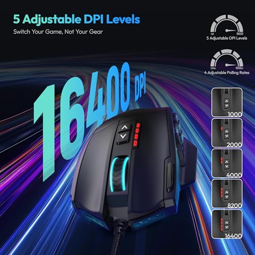 RED SAMURAI Wired MMO Gaming Mouse, 18 Programmable Buttons, 16400 DPI | 18 programmable macro buttons, 16400 DPI optical sensor, adjustable weights, ergonomic stable grip, RGB, MMO MOBA FPS.
