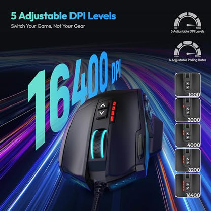 RED SAMURAI Wired MMO Gaming Mouse, 18 Programmable Buttons, 16400 DPI | 18 programmable macro buttons, 16400 DPI optical sensor, adjustable weights, ergonomic stable grip, RGB, MMO MOBA FPS.