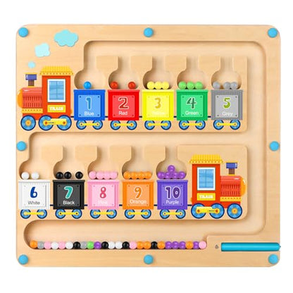 wakeInsa Magnetic Color and Number Maze,Montessori Toys for 2-5 Years Old Boys,Wooden Magnet Balls Puzzles,Toddler Busy Board,Preschool Learning Activities,Christmas & Birthday Gift for Kids - style: Magnet Toys - Train