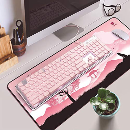 LANGTU Computer Keyboard, Backlit LED Pink for Office, All-Metal Panel USB Wired Membrane, 25 Keys Anti-ghosting, 104 Keys Laptop Compatible