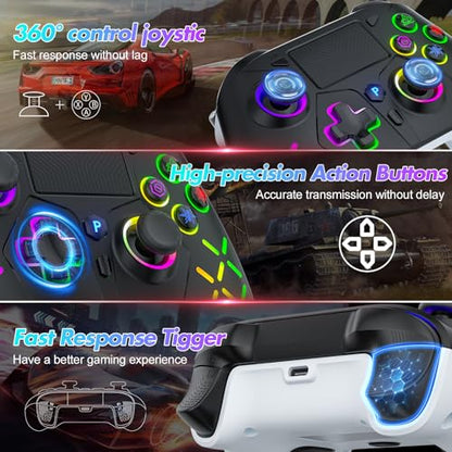 LED Wireless Controller for 4, RGB Lighting Gamepad for 4 Slim/Pro with Turbo/6-Axis Motion Sensor/1200mAh Battery/3.5mm Audio Jack - Black - color: RGB Black