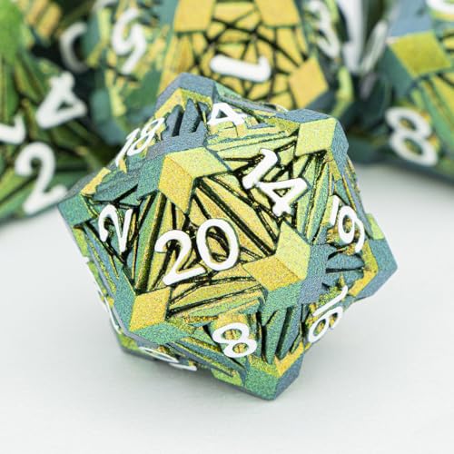 7PCS Metal DND Dice Set with Box, Debris RPG Green Yellow D and D Dice for use with D&D Tabletop Games Role Playing Game Polyhedral Dice Set D20 D12 D10 D8 D6 D4 - color: Green Yellow White