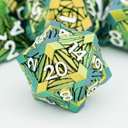 7PCS Metal DND Dice Set with Box, Debris RPG Green Yellow D and D Dice for use with D&D Tabletop Games Role Playing Game Polyhedral Dice Set D20 D12 D10 D8 D6 D4 - color: Green Yellow White