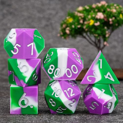 Silicone DND Dice, 7pcs Rubber Polyhedral D&D Dice Set, Sharp Edges Soft Perfect Bouncer for Dungeons and Dragons, RPG, MTG (D4, D6, D8, D10, D12, D20, D%) for Ages 15 and Up - color: Green White Purple