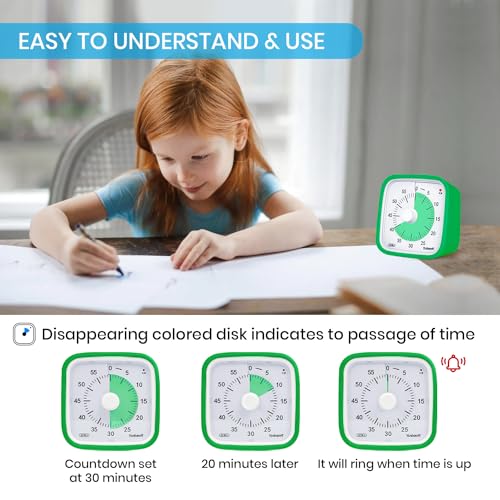Visual Timer, Silent 60-min Countdown Timer for Kids, Green Green | Protective Case, Time Management Tool, Mute and Ringing Alarm Available, Low Power Reminder, for Study,Game,Work,Fitness etc - color: Dark Green