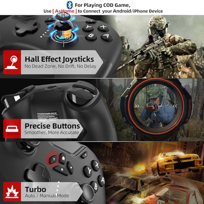 Hall Effect Bluetooth Controller for Switch/PC/iPhone/Android/TV/Steam, Pro Wireless Game Controller Remote Gamepad with Phone Clip with Hall Joystick/Lock Speed/6-Axis Gyro/Dual Motors/Turbo/Macro - color: whole black