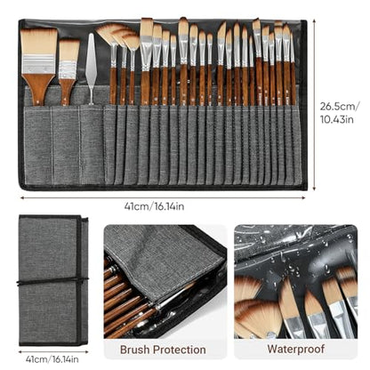 25pcs Paint Brush Set, Professional Paint Brush Set with Cloth Roll and Paint Spatula, Nylon Brushes for Acrylic Painting,Watercolor,Oil,Gouache, Art Supplies for Beginners and Artists (Wood)