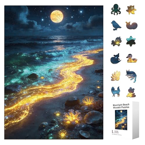 300pcs Wooden Puzzles for Adults Unique Animal Shaped Pieces | Colorful Funny Jigsaw Puzzle Challenging Brain Teaser for Family Game Birthday Gift Home Decor (Moonlight Beach Scene) - color: Moonlight Beach Scene