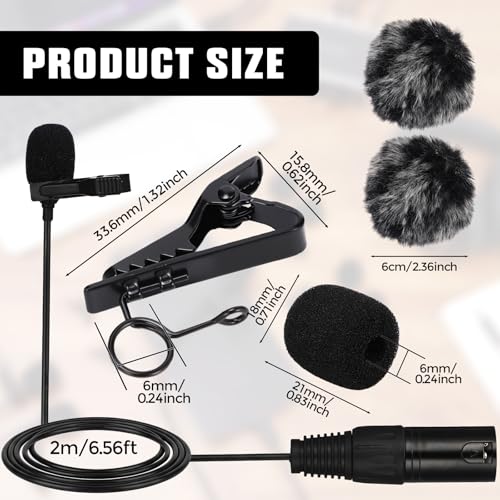 Tellegloww 4 Pack 3-pin XLR Lavalier Microphone Kit, 6.56ft/ 2m Balanced Omnidirectional Lapel Mic with Clips, Foam & Furry Windscreen, for Camera Mixer PA System Video Recording Interview