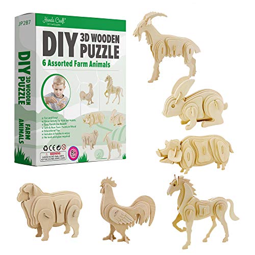 Hands Craft DIY 3D Wooden Puzzle – 6 Assorted Farm Animals Bundle Pack Set Brain Teaser Puzzles Educational STEM Toy Adults and Kids to Build Safe and Non-Toxic Easy Punch Out Premium Wood JP2B7 - color: Farm Animals