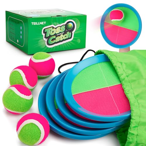 TEILLNET Toss and Catch Ball Set Upgraded - Kids Toys Beach Toys Baseball Games - Sturdy & Water-Resistant for Outdoor Pool Yard Games - Classic Gift for Boys Girls 3 4 5 6 7 8 9 10 11 12+ Years - color: Pink, size: 4 Paddles 4 Balls