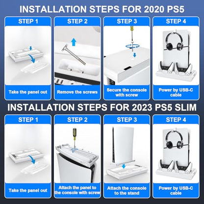 fivtek PS5 Stand with Cooling Fan & Controller Charger, All-in-One Docking Station for PS5 & PS5-Slim, 4-Port USB Hub, Headset Holder, Fast Wireless Charging for 2 Dual Controllers, White - color: White