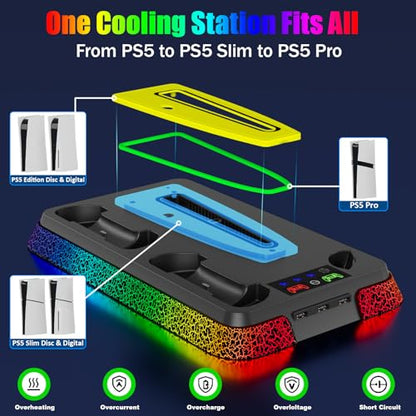 PS5/Slim/Pro Stand and Cooling Station with RGB Controller Charging Station for PlayStation 5 Console, PS5 Controller Charger, PS5 Cooling Stand, PS5/Slim/Pro Accessories Kit with 3 Level Cooler Fan - color: Boom-black
