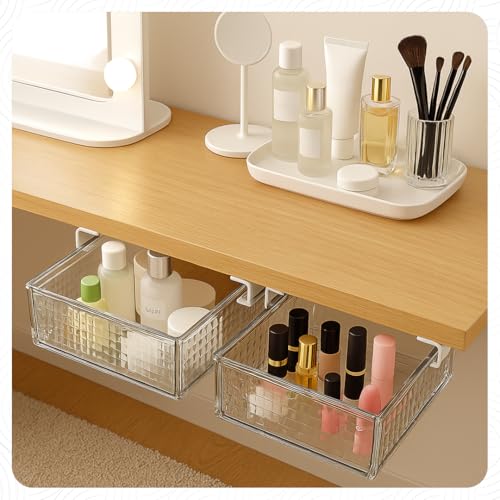 Slide and Stash Under Desk Drawers Office Organizer 2-Pack Small and Medium – Office Organization Drawer Slides Include Adhesive Tape – Easy DIY Installation for Desk Organization, Cupboard, Wardrobe