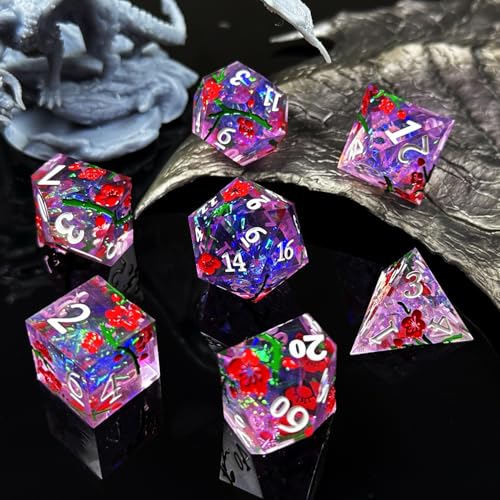 HAOMEJA Resin Flower Dice Set 7pcs/ Sharp Edged Polyhedral Dice/Apply to D&D/DND/RPG-MTG/Role Playing Table Game/Easter/Halloween Party Gift (Purple & White Numbers) - color: 7 Purple & White Numbers