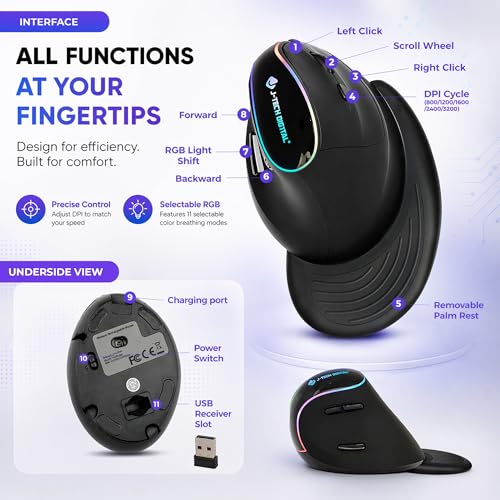 J-Tech Digital Ergonomic Mouse with Wireless Connection, Removable Palm Rest, Thumb Buttons, Rechargeable Battery, 800 DPI, Compatible with Windows and MAC OS - style: Wireless