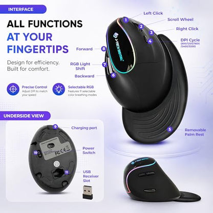 J-Tech Digital Ergonomic Mouse with Wireless Connection, Removable Palm Rest, Thumb Buttons, Rechargeable Battery, 800 DPI, Compatible with Windows and MAC OS - style: Wireless
