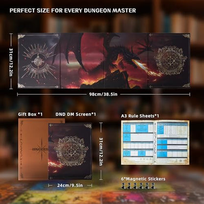 Dungeon Master Screen,4-Panel Magnetic DM Screen for RPG Sessions | 3D embossed cover,6 strong magnetic pins,A3 reference sheet and gift-ready box for game masters and RPG sessions