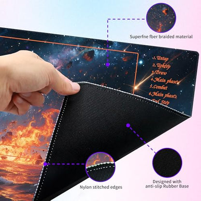 MTG Playmat with Storage Tube & 7-Dice Set - Waterproof TCG Playmat with Stitched Edges, Non-Slip Rubber Card Game Mat (24"x14") (playmat with Zones, Glowing River Landscape) - color: Glowing River Landscape, style: playmat with zones