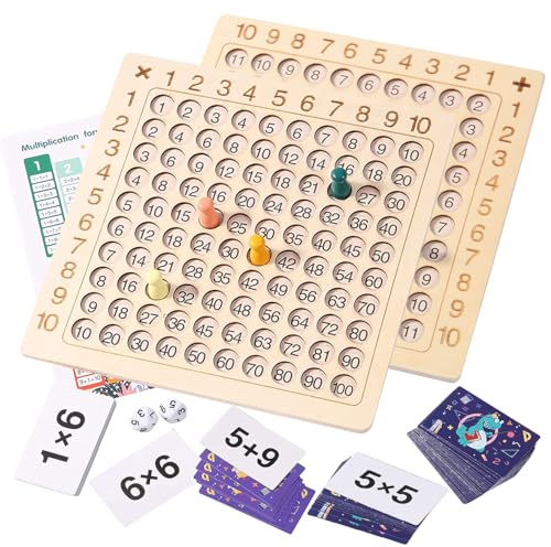 2 in 1 Multiplication Addition Math Board Game for Kids - Wooden Montessori Math Toys for Girls Boys 4 5 6 7 8 9 Years Old Wood Double Sided Board Table Dice Card Games for Family