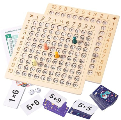 2 in 1 Multiplication Addition Math Board Game for Kids - Wooden Montessori Math Toys for Girls Boys 4 5 6 7 8 9 Years Old Wood Double Sided Board Table Dice Card Games for Family