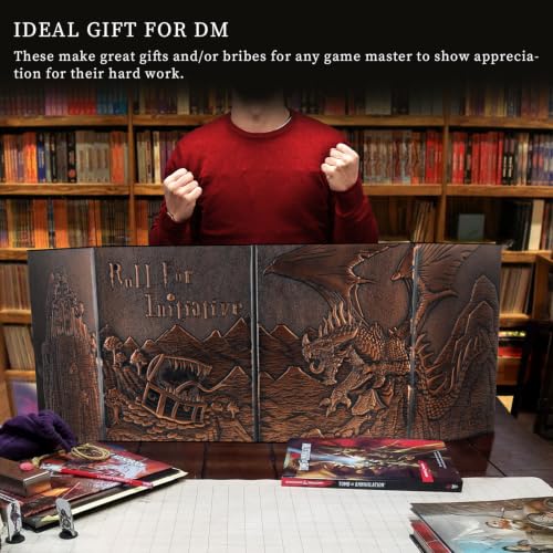 CZYY Faux Leather Dungeon Master Screen, 4-Panel DM Screen with Pockets | 3D Embossed Cover, 4 Erasable A4 Sheet Pockets, Reference Inserts & Felt Case Included, For RPG Sessions & Game Nights