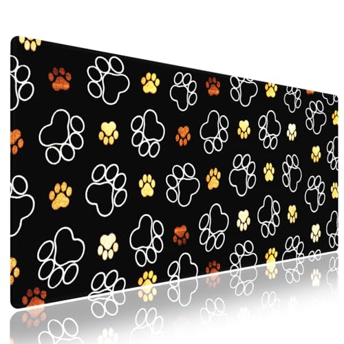 Gold White Pet Paw Large Mouse Pad, Cute Dog Cat Footprint Black Desk Mat | 31.5" x 11.8", Seamless Pattern for Pets Lover, XXL Gaming/Office Stitched Keyboard Mat, Smooth Surface Anti-Slip Base - color: Design WKLXD043